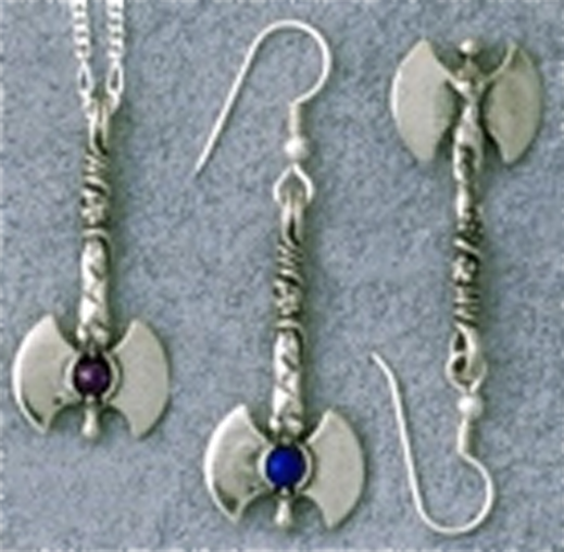 Necklace and earrings with the double-headed labrys motif